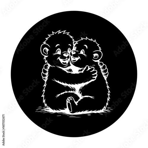 Adorable illustration showcasing two joyful bear cubs embracing each other lovingly in a circle of happiness and friendship