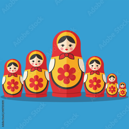 Set of traditional Russian Matryoshka nesting dolls with floral design.