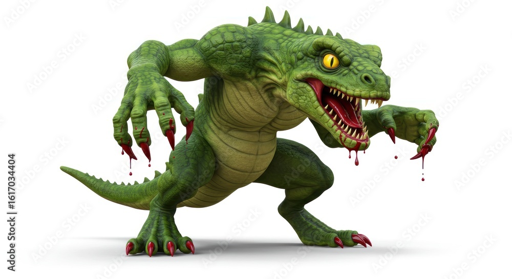 Fototapeta premium Menacing Green Reptilian Monster with Bloody Claws on White Background