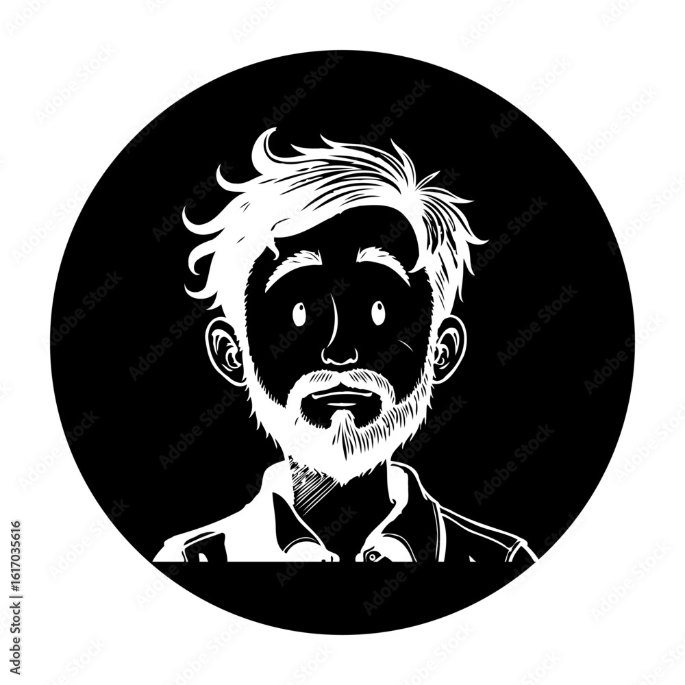 Fototapeta premium Illustration of a bearded man with a serious expression displayed within a circular frame black background