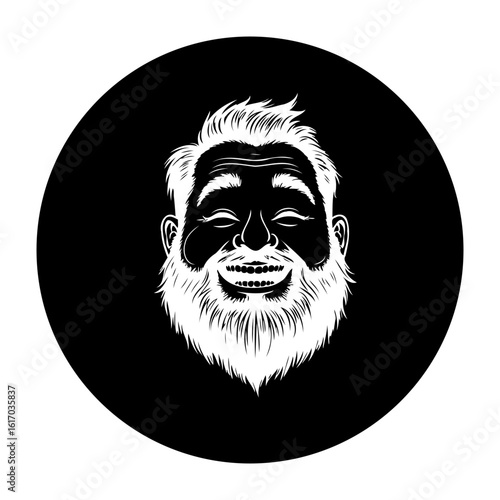 Grinning man face illustration with beard in black circle representing joy and happiness and positive outlook expressing optimism