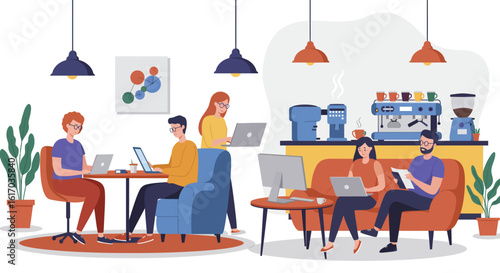 People Working and Relaxing in Coffee Shop Setting.
