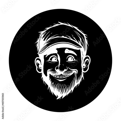 A comical bearded man cartoon illustration with cap on black background showcasing funny facial expression and jovial character design