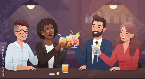 Diverse Group Cheers with Cocktails at Bar.