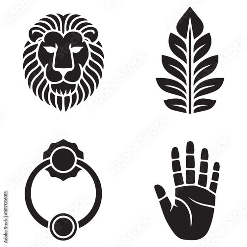 Collection of four distinct black and white graphic symbols including a lion s head a fern leaf a door knocker and a hand
