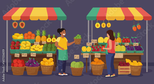 Colorful Fruit Market Scene with Vendors and Customers.