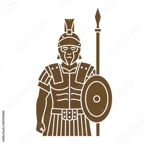 Stylized brown illustration of an ancient Roman soldier in full armor holding a spear and shield.