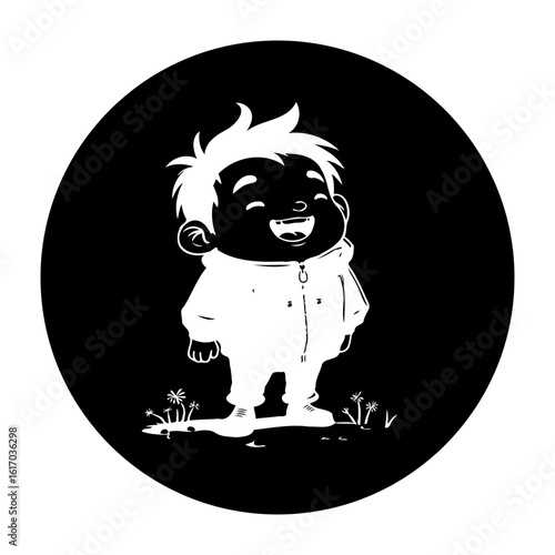 Cheerful kid cartoon character on black background with smile illustration portraying happiness and innocence childish