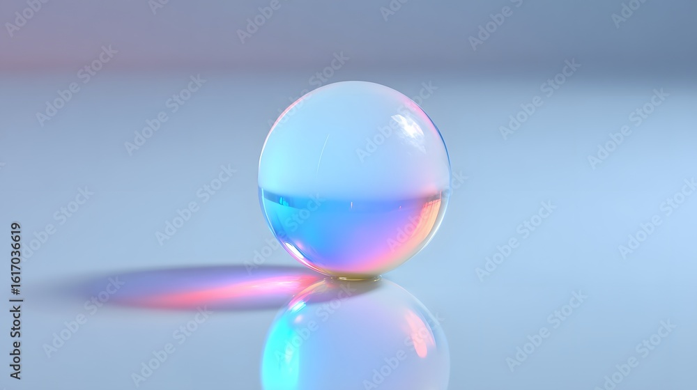 A vibrant iridescent sphere resting on a light surface. A vibrant iridescent sphere resting on a light surface.