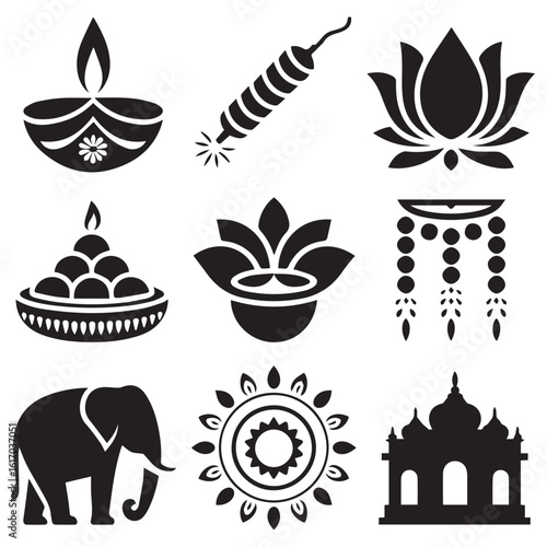 Collection of indian cultural symbols including oil lamp firecracker lotus flowers sweets elephant mandala and temple silhouettes
