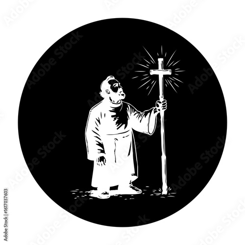 Monochrome illustration of a man holding a glowing cross symbolizing faith in the darkness, artistic expression