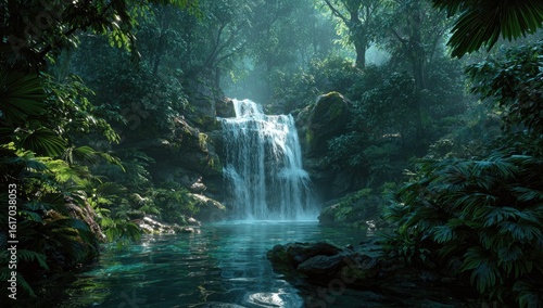 Lush waterfall in a misty jungle