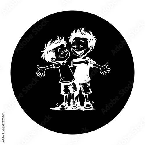 Two cheerful young boys embracing tightly friendship affection support joy unity camaraderie togetherness bonding youthful friendship lasting heartwarming