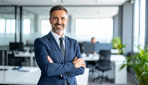 A successful businessman is looking directly at the camera in a professional office setting.