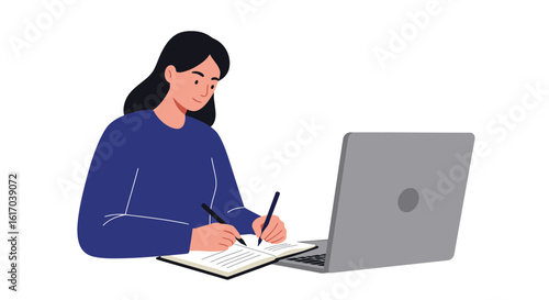 Woman Writing in Notebook Next to Laptop.
