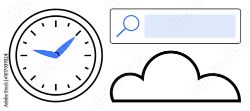 Analog clock with bold blue hands, magnifying glass in a search bar, stylized cloud. Ideal for time tracking, online search, planning, cloud storage, productivity, efficiency simple landing page
