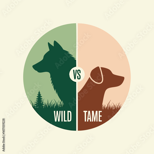 Wild Wolf and Tame Dog Animal Comparison Illustration.