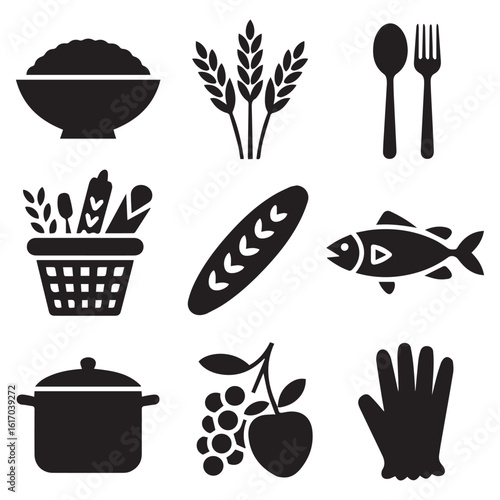 Collection of nine black silhouette icons representing various food items and kitchen utensils for healthy eating and cooking concepts