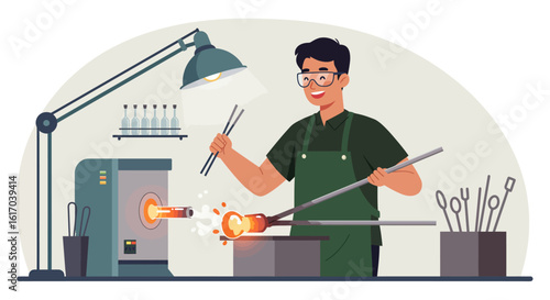Smiling Glassblower Shaping Molten Glass with Tools.
