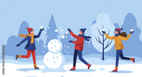 Three People Playing Snowball Fight in Winter Scene.