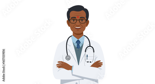 Smiling Indian Doctor with Stethoscope and Glasses.