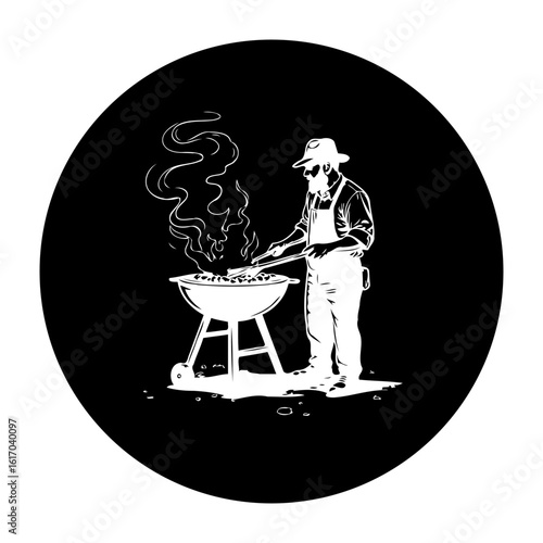 Illustration of a man grilling outdoors surrounded by smoke showcases summer barbecue event and culinary experience
