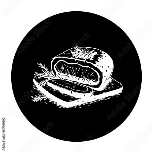 Elegant food illustration featuring sliced meatloaf presentation with garnish in a stylish black backdrop minimal