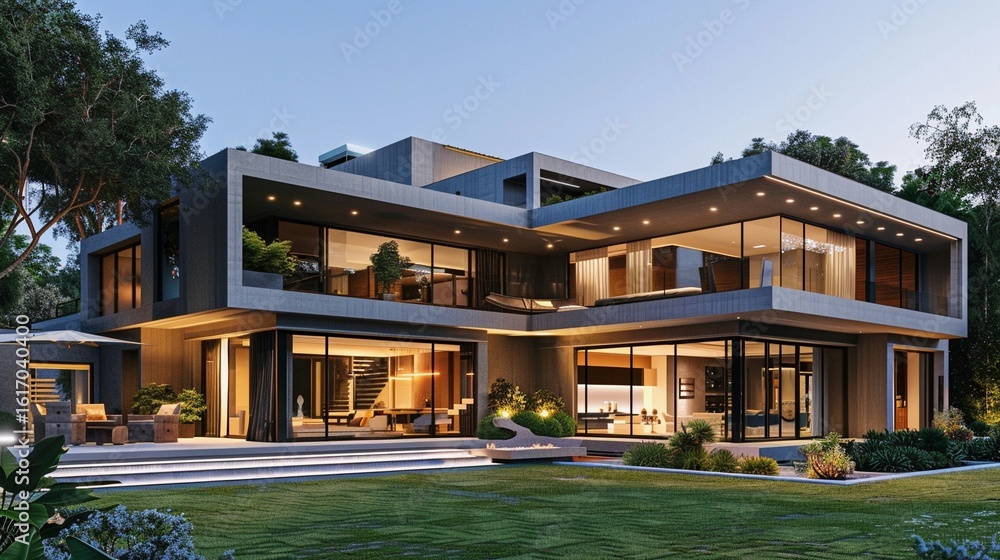 Fototapeta premium Luxury Modern House with Garden/庭に囲まれた豪華なモダンハウス5