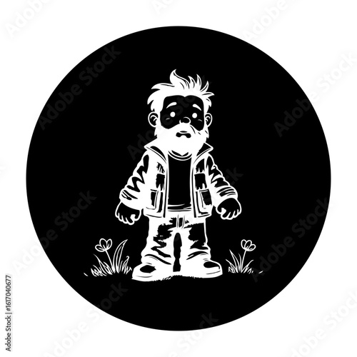 Cartoon character illustration depicting a bearded man in jacket standing amidst flowers on black background circle