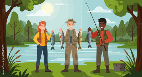 Happy Anglers Displaying Their Catch by a Lake.
