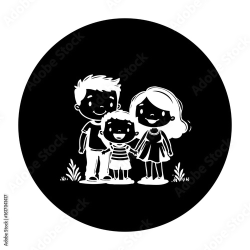 Happy family illustration showing a father, mother, and child in black and white colors standing closely together