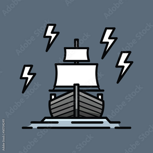Stylized illustration of a wooden sailing ship in a thunderstorm with lightning bolts.