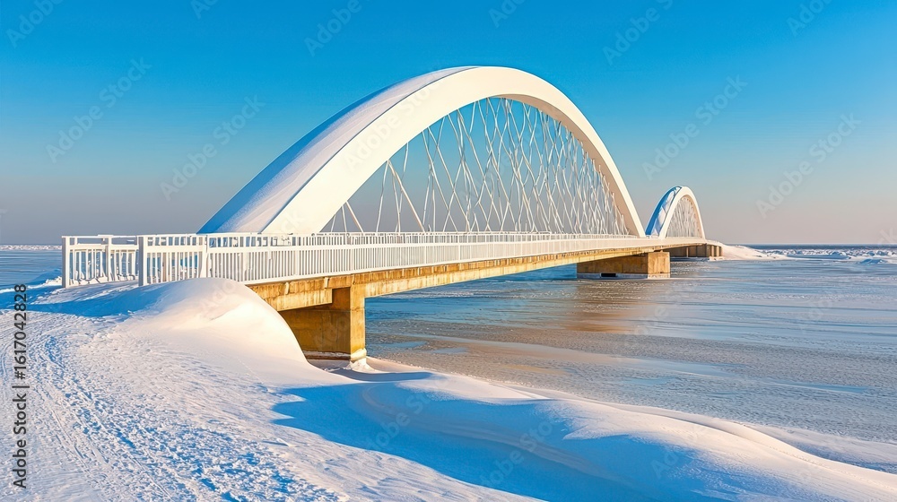 Obraz premium Winter Landscape with White Arched Bridge Over Frozen Ocean Under Clear Blue Sky
