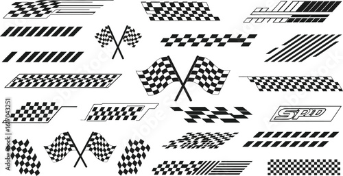 Dynamic racing checkered flags and stripe decals for automotive customization