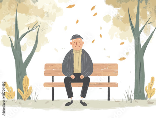 Senior man sitting on a bench in autumn park with falling leaves  
