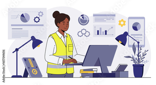 Female Engineer Working on Laptop with Charts.