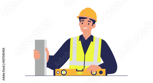 Construction Worker Holding Level and Concrete Block.