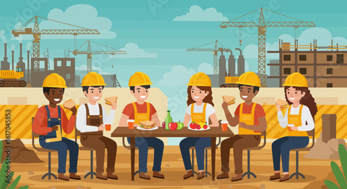 Construction Workers Enjoying Lunch Break Together Outdoors.