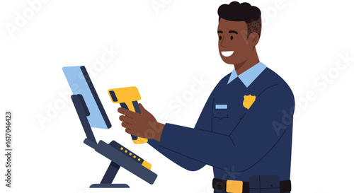 Smiling Black Security Guard Scanning with Device.