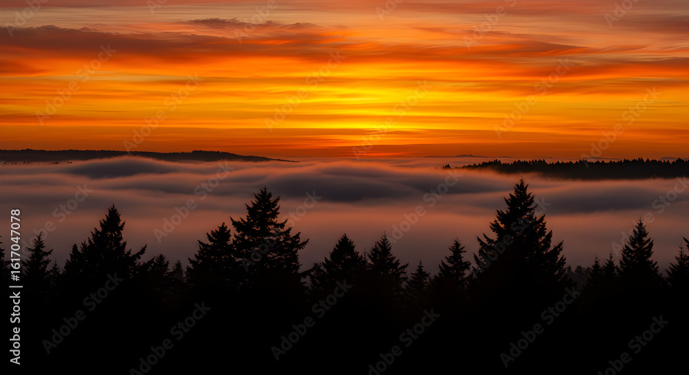 Obraz premium Fiery Sunrise over a Misty Forest Landscape
