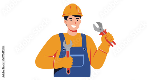Smiling Cartoon Construction Worker Holding Wrenches.