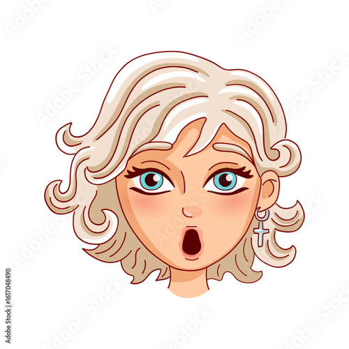 Surprised female person's head. Avatar. Vector illustration.