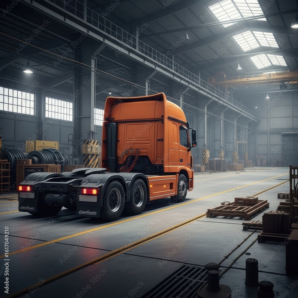 Fototapeta premium Rear view of an orange semi truck maneuvering inside a large industrial warehouse setting