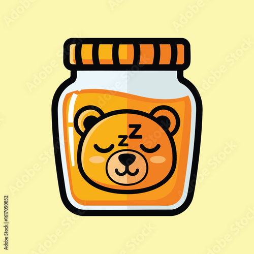 Cartoon Jar of Honey with Sleeping Bear Face.