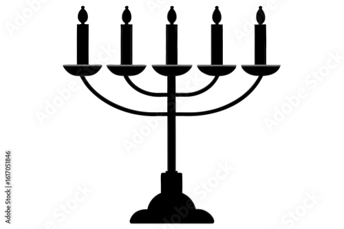 Golden antique Hanukkah menorah with lit candles, an isolated vintage metal candlestick decoration
