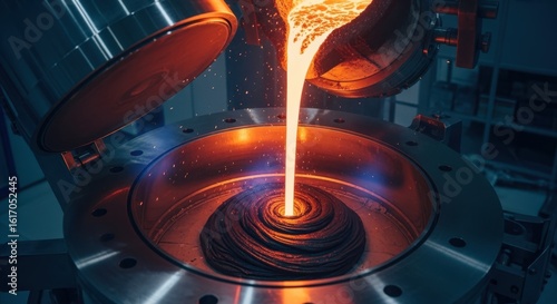 Molten solid propellant material flowing into a vacuumsealed silo mold illustrating critical steps in rocket motor fabrication.