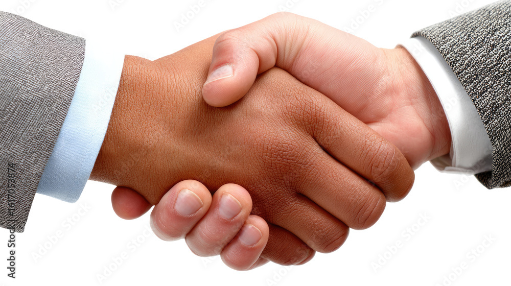 Fototapeta premium Handshake Harmony: A close-up shot features the clasped hands of two individuals, symbolizing agreement, collaboration, and partnership, set against an unobtrusive background.