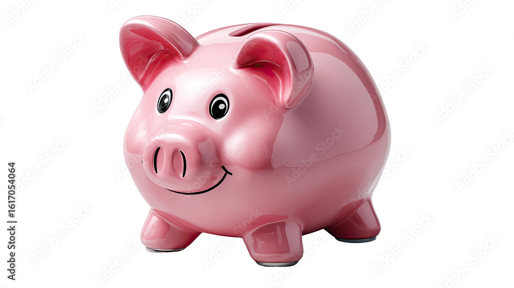 Obraz premium Pink Piggy Bank: A charming pink piggy bank, embodying financial security, sits poised, ready to accept coins. Its cheerful expression suggests a hopeful outlook on savings and investment.