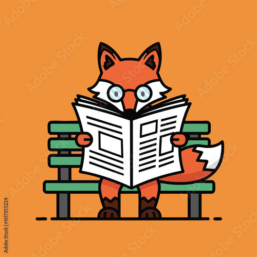 Fox in Glasses Reading Newspaper on Bench.
