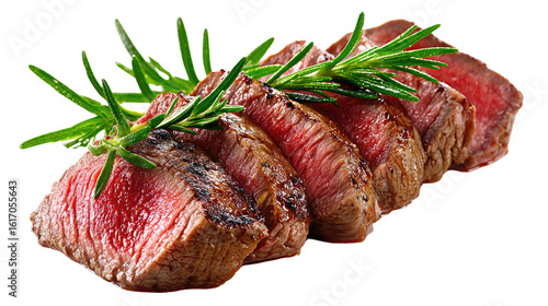 Succulent Slices of Grilled Beef: A tantalizing close-up reveals perfectly grilled beef slices, artfully adorned with fresh rosemary sprigs.